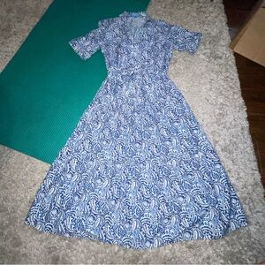 J. Mclaughlin Janelle Tiered Midi Dress Sz S Silk Blend Blue White Scroll